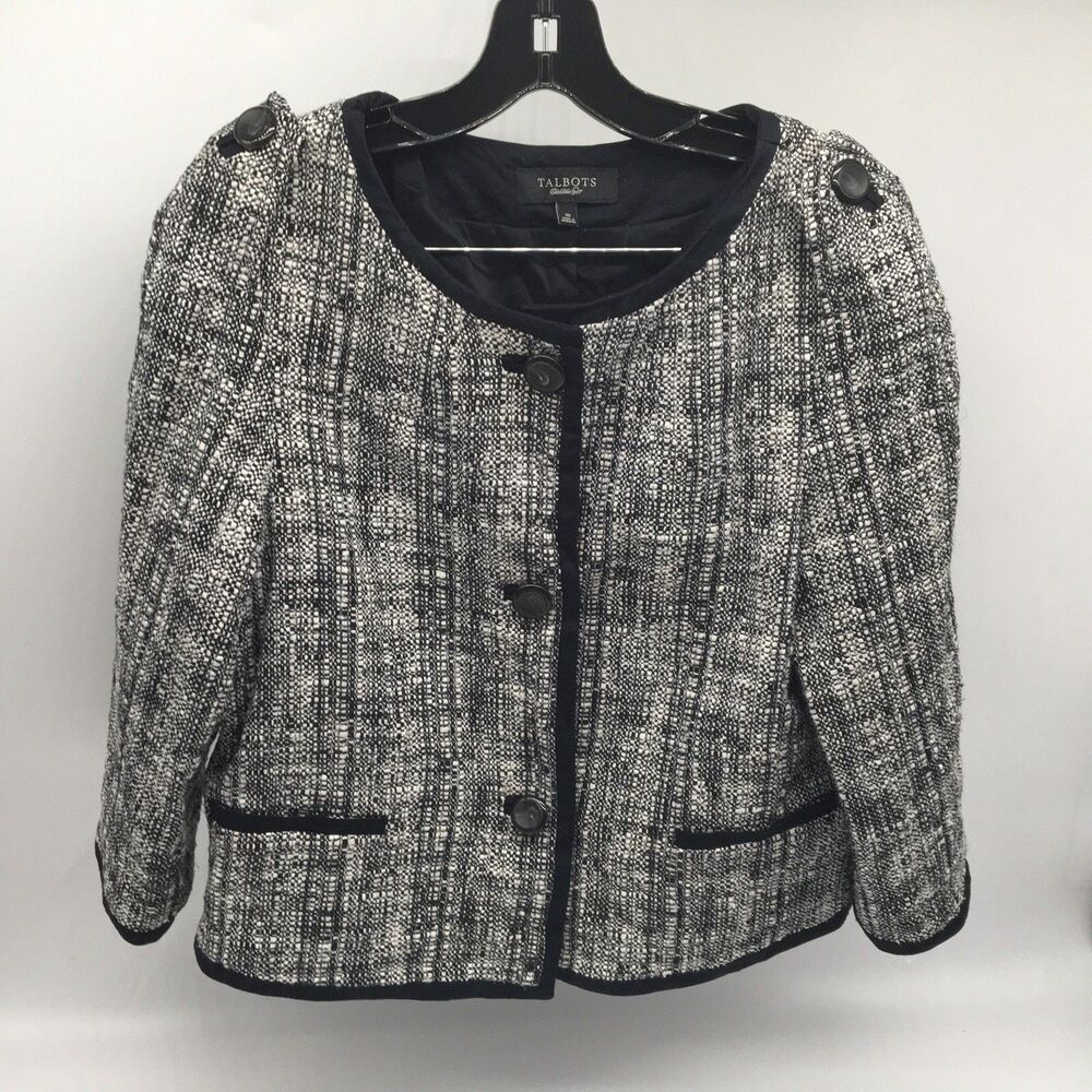 Talbots Women's Tweed Blazer Jacket Career Office Old Money Sz 10 Black & White